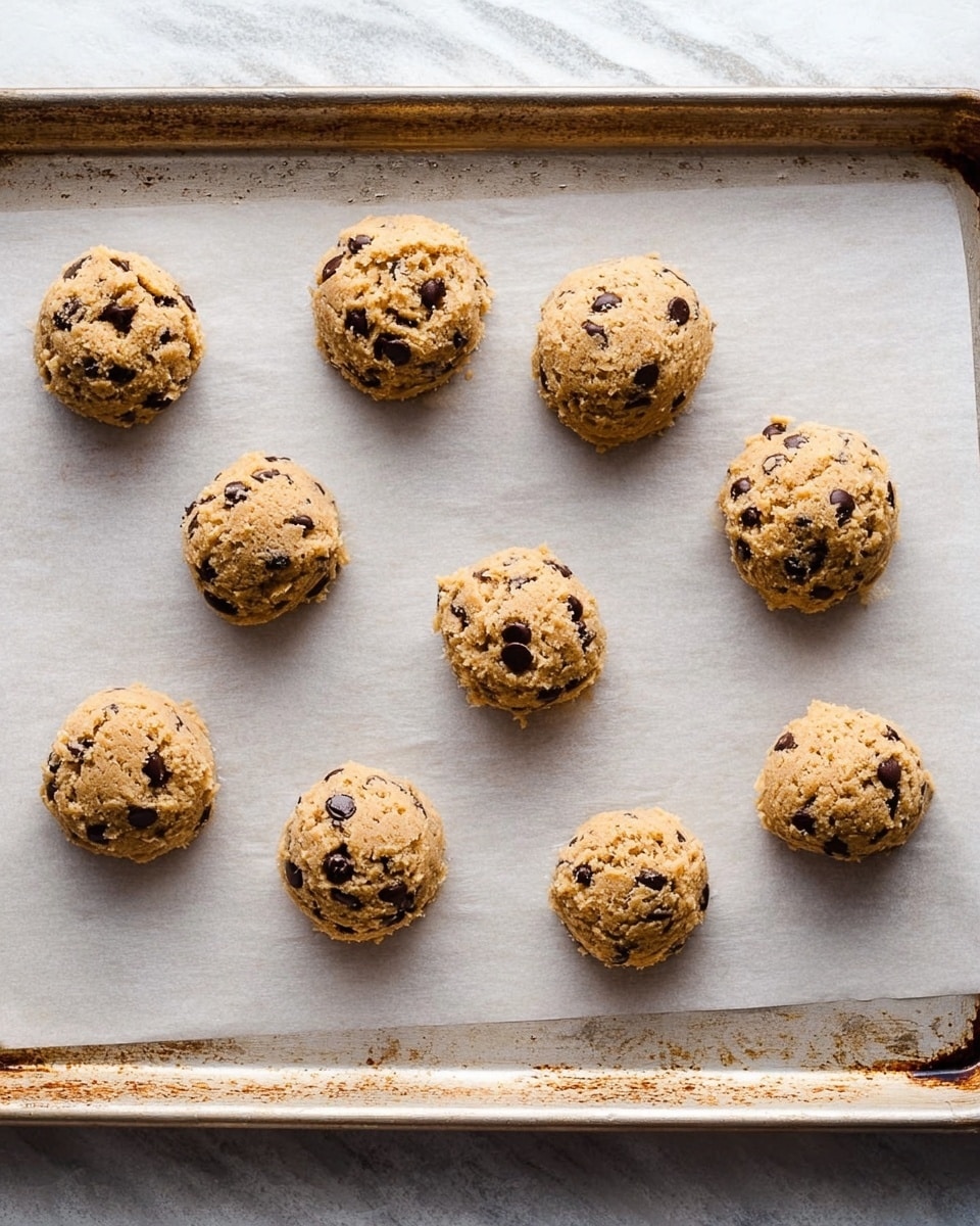 The image shows a baking tray lined with white parchment paper on a white marbled surface. On the paper, there are nine round cookie dough balls evenly spaced. Each cookie dough ball is rough in texture with a light brown color mixed with dark brown chocolate chips scattered on the surface. The tray's edge is metallic with small rust marks. The overall lighting is bright and natural, showing details of the dough texture and chips clearly. Photo taken with an iphone --ar 4:5 --v 7