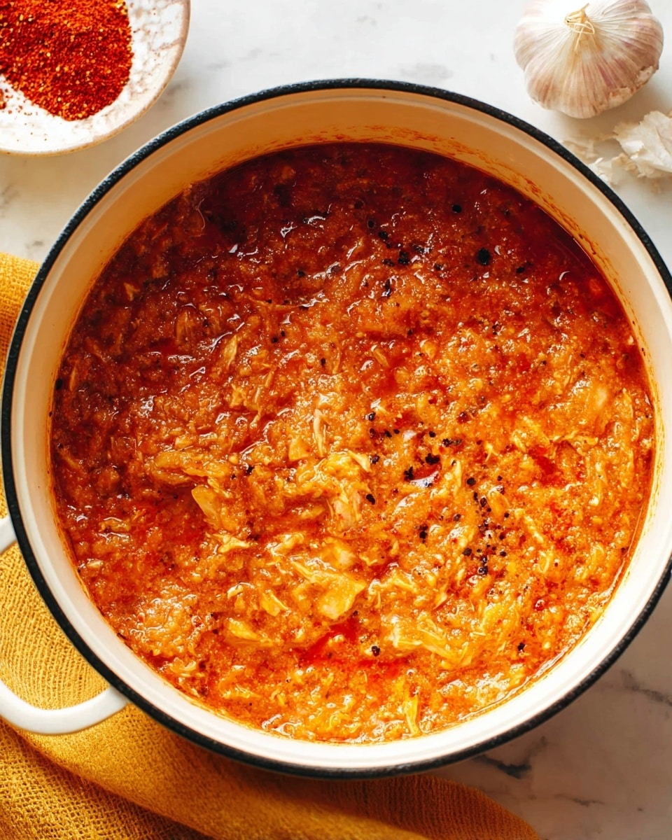 The image shows a close-up of a white pot with a black rim, filled with a thick, textured stew that is mostly orange-red with small bits of light-colored meat or ingredients mixed throughout. The stew's surface looks slightly oily with specks of black pepper and reddish seasoning spread unevenly. The pot rests on a white marbled surface and a whole garlic bulb is placed next to it along with a yellow cloth. There is also a small white bowl with red powder visible in the background. Photo taken with an iphone --ar 4:5 --v 7