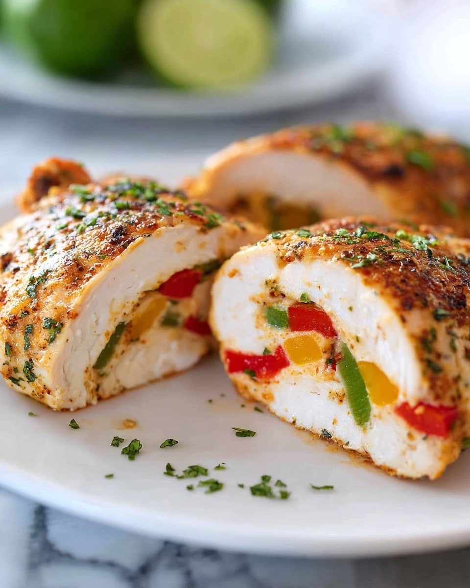 The image shows two pieces of rolled chicken on a white plate placed on a white marbled surface. Each piece has three layers: the outer layer is the golden-brown cooked chicken with visible seasoning and green herb flakes, the middle layer is white cooked chicken meat, and the inner layer consists of small strips of red, green, and yellow bell peppers arranged inside. There are small green herb sprinkles on the plate and around the chicken. In the background, there is a blurred lime cut in half with a vibrant green inside. Photo taken with an iphone --ar 4:5 --v 7
