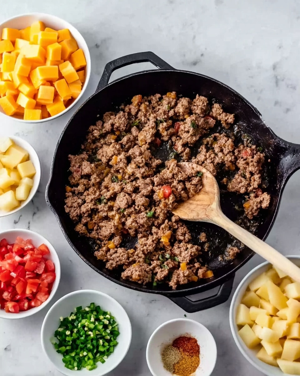 A black cast iron skillet filled with cooked ground meat that is browned and slightly crumbly, with a wooden spoon stirring it inside the pan. Surrounding the skillet are six small white bowls placed on a white marbled surface: one bowl holds orange-yellow cheese cubes, another has red diced tomatoes, a third contains pale yellow cubed potatoes, a fourth has chopped green chilies, and the last two hold small amounts of ground spices in powder form. The scene gives a clear view from above, showing all the ingredients ready for cooking photo taken with an iphone --ar 4:5 --v 7