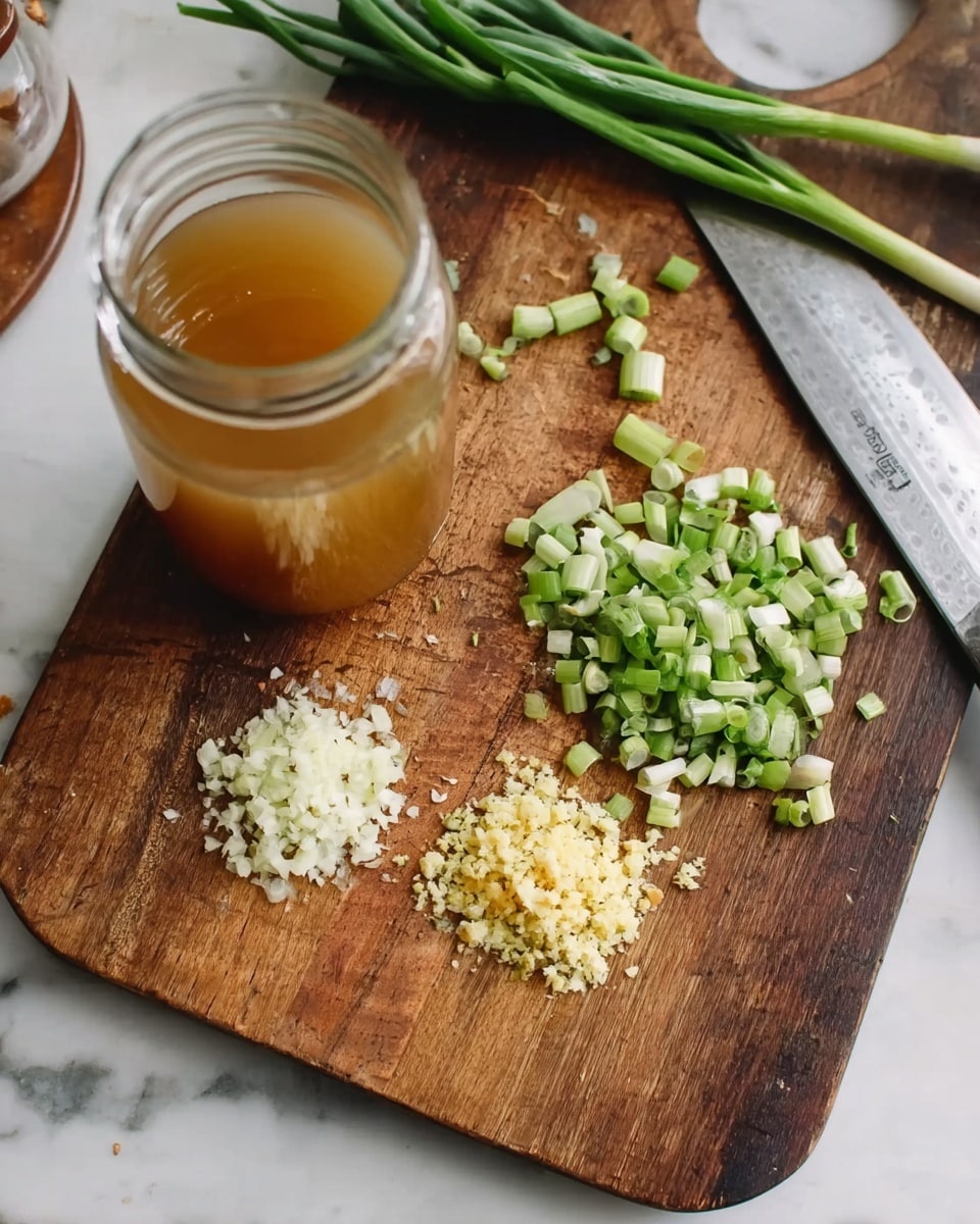 The image shows a wooden cutting board on a white marbled surface. On the board, there is a clear glass jar filled with light brown liquid placed near the left side. In front of the jar, two small piles of finely chopped ingredients sit side by side: one pile is white, the other is yellow. On the upper right section of the board, chopped light green onions are scattered, with whole green onions lying behind them. To the right edge of the board, a large knife with a silver blade and dark handle rests flat. Photo taken with an iphone --ar 4:5 --v 7