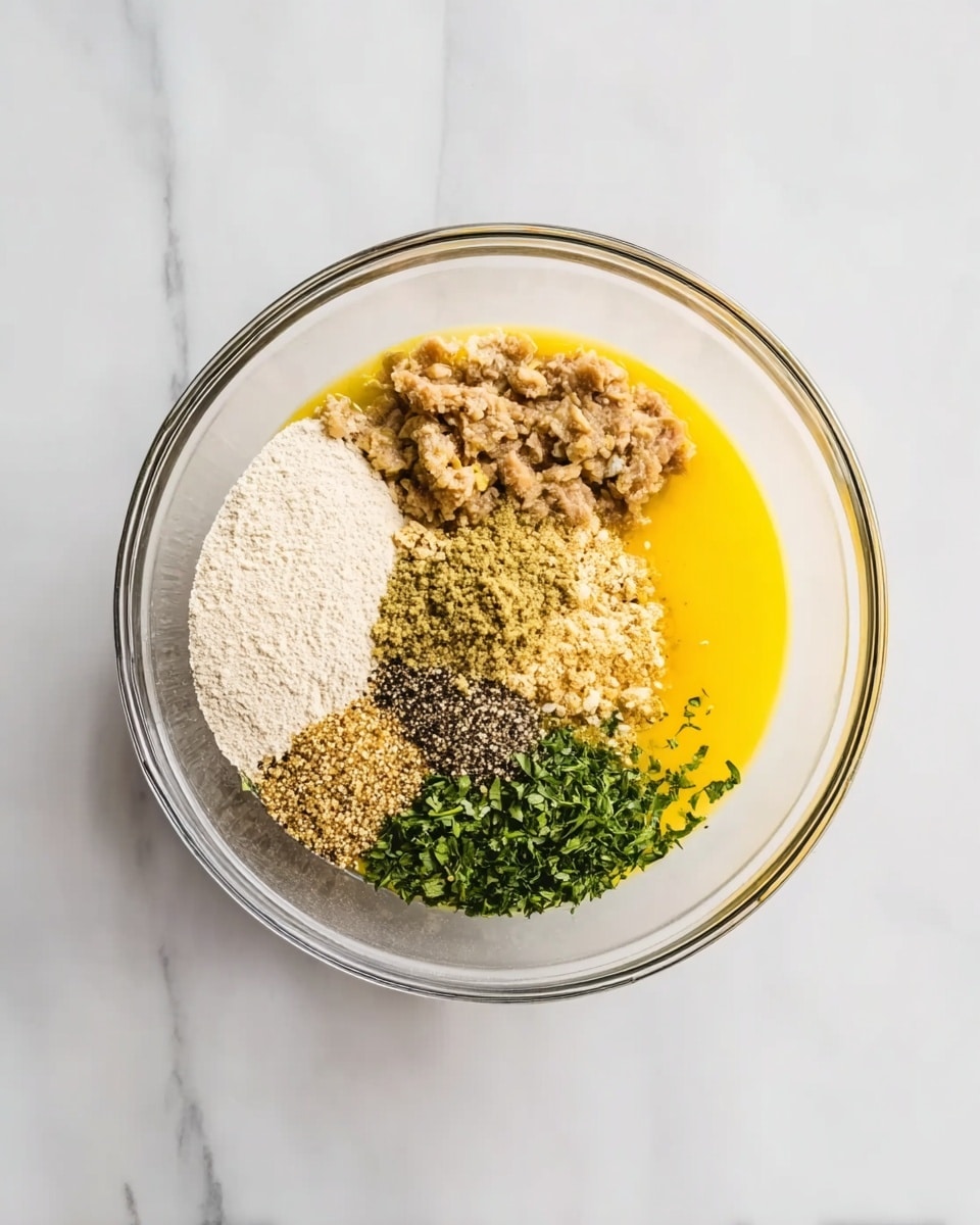 A clear glass bowl sits on a white marbled surface, holding six separate layers of ingredients arranged in sections. In the center, there is a bright yellow layer of liquid, likely beaten eggs. To its left, a light beige powdery layer, possibly flour, rests. Above that is a section with chopped light brown meat. Closing the circle, there is a finely ground brownish topping, next to it some finely chopped vibrant green herbs, and a small section sprinkled with black pepper. Each layer is distinct and textured, contrasting softly with the clear bowl and white marbled background. Photo taken with an iphone --ar 4:5 --v 7