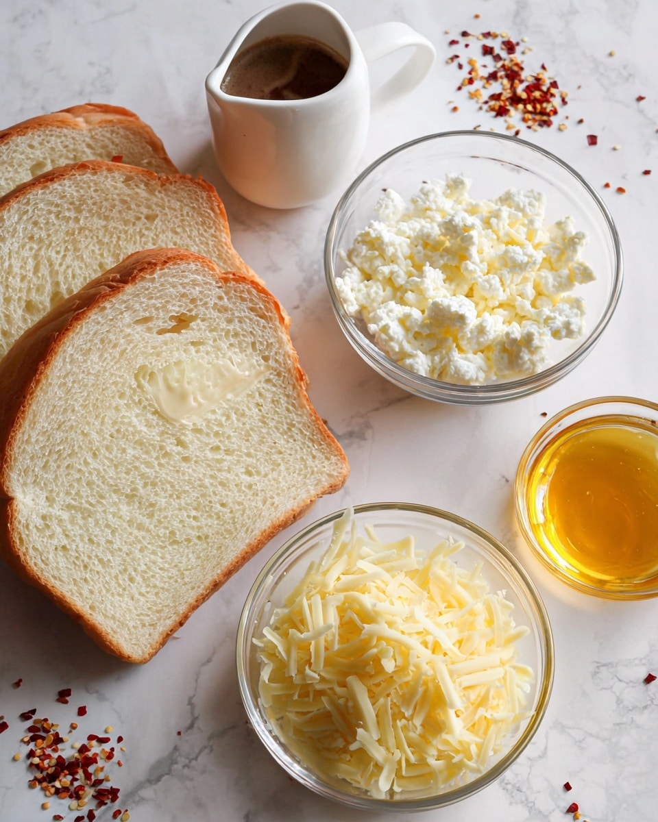 The image shows three slices of soft white bread with a light golden crust, placed on a white marbled surface. Next to the bread are two clear glass bowls; one is filled with small white curd-like cottage cheese, and the other has shredded pale yellow cheese on top of a smooth yellow layer. There are also two small white pitchers, one containing a brown foamy liquid, and the other holding a bright golden honey-like liquid. Scattered around the pitchers are red chili flakes, adding pops of red color to the white marbled background. photo taken with an iphone --ar 4:5 --v 7