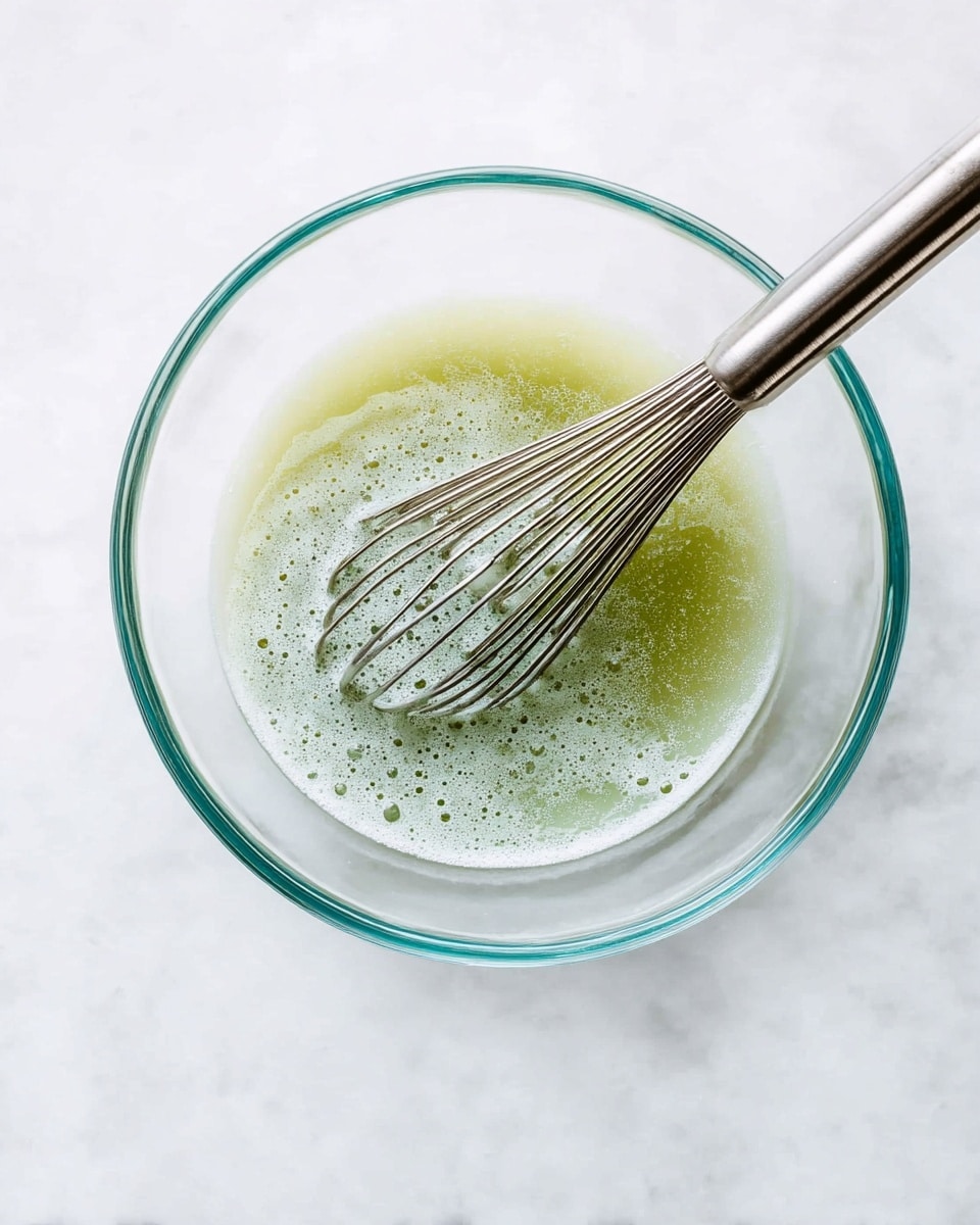 A clear glass bowl contains a single layer of light green liquid with some foamy bubbles on top. A metal whisk with thin wires and a shiny handle is resting inside the bowl, partially submerged in the liquid. The bowl is placed on a white marbled surface, giving a clean and bright background. Photo taken with an iphone --ar 4:5 --v 7