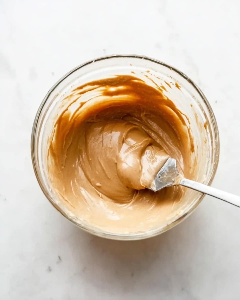 A clear glass bowl filled with a smooth, thick, light brown creamy mixture sits on a white marbled surface. Inside the bowl, a silver spatula with batter clinging to it rests along the right side, partially submerged in the mixture. The bowl shows light smears of the batter along its inner sides, emphasizing the creamy texture. photo taken with an iphone --ar 4:5 --v 7