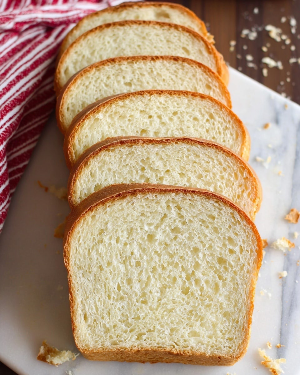 The image shows a close-up view of seven slices of white bread, arranged in a slightly overlapping row. Each slice has a light golden crust with a soft, airy, and pale white interior that has a spongy texture with small holes throughout. The slices are placed on a white marbled textured surface with some small bread crumbs scattered around. A red and white striped cloth is partly visible on the left side. Photo taken with an iphone --ar 4:5 --v 7