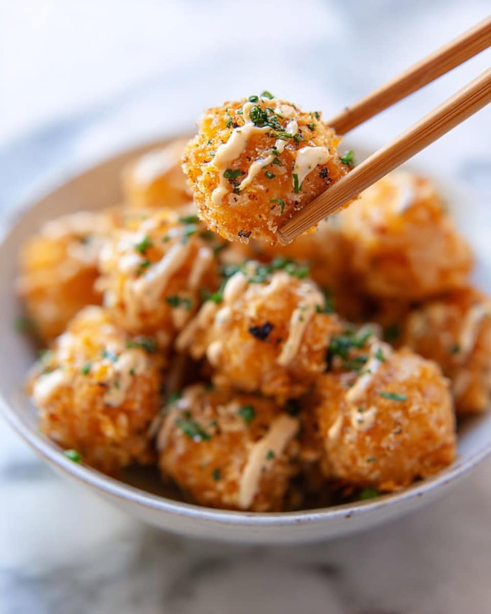 A close-up shows a pair of wooden chopsticks holding a small, crispy golden-brown fried ball covered with a light drizzle of creamy sauce and sprinkled with green herbs. Below, a white bowl filled with many similar golden fried balls also topped with green herbs sits on a white marbled surface. The texture of the fried balls is crunchy and crunchy with small crumbs visible. Photo taken with an iphone --ar 4:5 --v 7