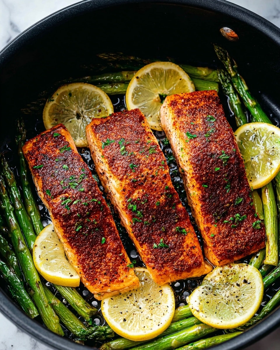 The image shows three pieces of cooked salmon fillets with a crispy brown and reddish spice layer on top, sprinkled with green herbs. They are placed in a round black pan with small holes on the surface. Around the salmon, there are bright green asparagus sticks arranged in two groups on either side, and several lemon slices with visible black pepper seasoning, positioned between and under the salmon pieces. The background is a white marbled texture. Photo taken with an iphone --ar 4:5 --v 7