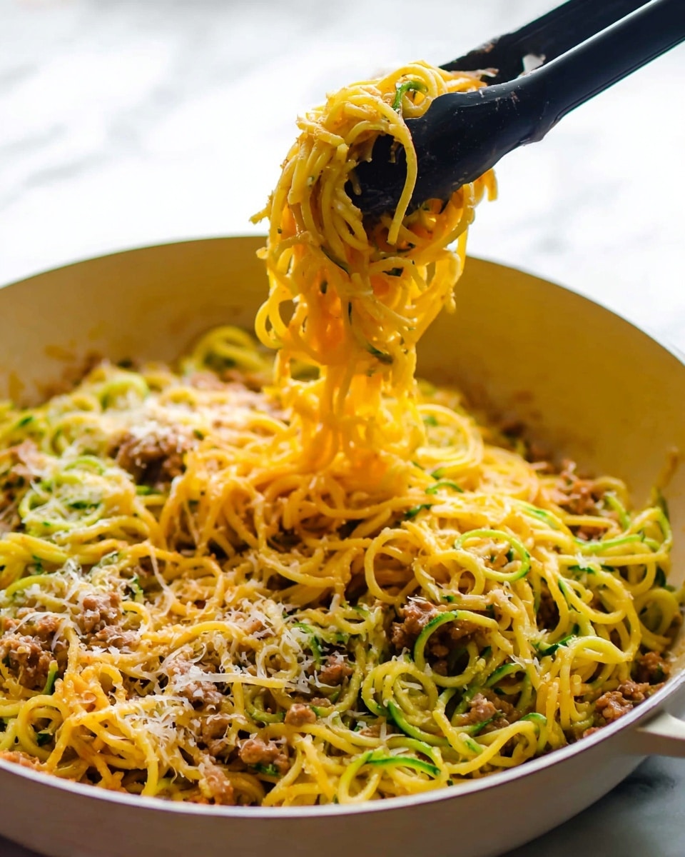 A close-up of a white pan filled with two layers of spiral noodles, one bright yellow and one green, mixed together with small bits of light brown cooked meat and sprinkled with fine white grated cheese on top; a pair of black tongs is lifting a twisted bunch of the noodles above the pan, showing their soft and slightly shiny texture, all set on a white marbled surface; photo taken with an iphone --ar 4:5 --v 7
