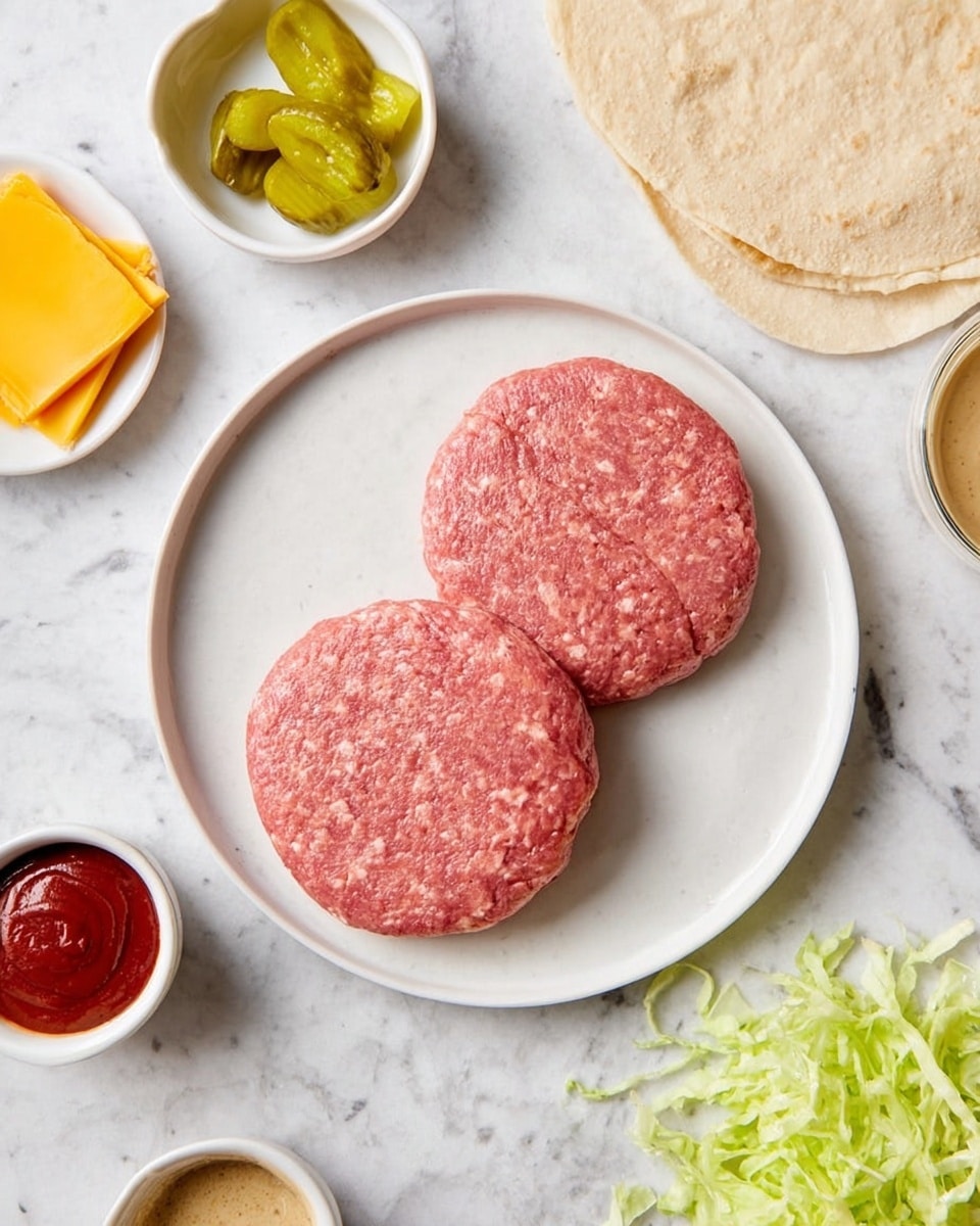 The image shows two raw pink patties placed side by side in the center of a white round plate, resting on a white marbled surface. Around the plate are small white bowls with different ingredients: sliced bright yellow cheese on the top left, green pickle slices in a white bowl above the plate, shredded light green lettuce on the bottom right, a small bowl of red sauce on the bottom left, and a bowl of light brown mustard below the plate. A light beige flatbread is partially visible on the upper right corner. A woman's hand is not visible in the image. Photo taken with an iphone --ar 4:5 --v 7