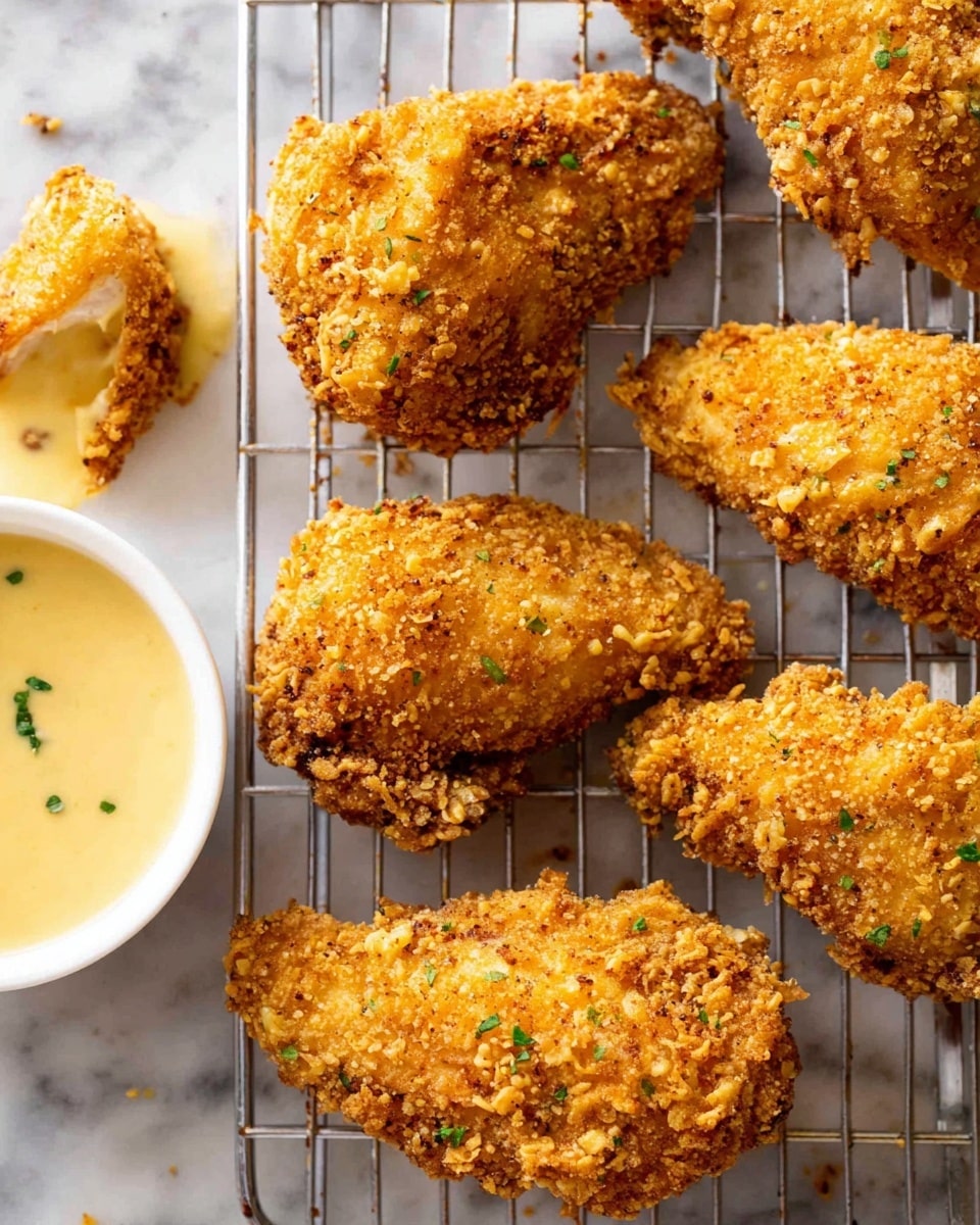 The image shows six pieces of golden brown crispy fried chicken placed on a metal rack over a white marbled surface. The chicken pieces have a rough, crunchy texture with small green herb bits sprinkled on top. To the left, a white round bowl contains a creamy, light yellow dipping sauce, and a piece of chicken is partially dipped in it. The scene looks warm and inviting with a close-up focus on the crunchy details of the chicken coating. photo taken with an iphone --ar 4:5 --v 7