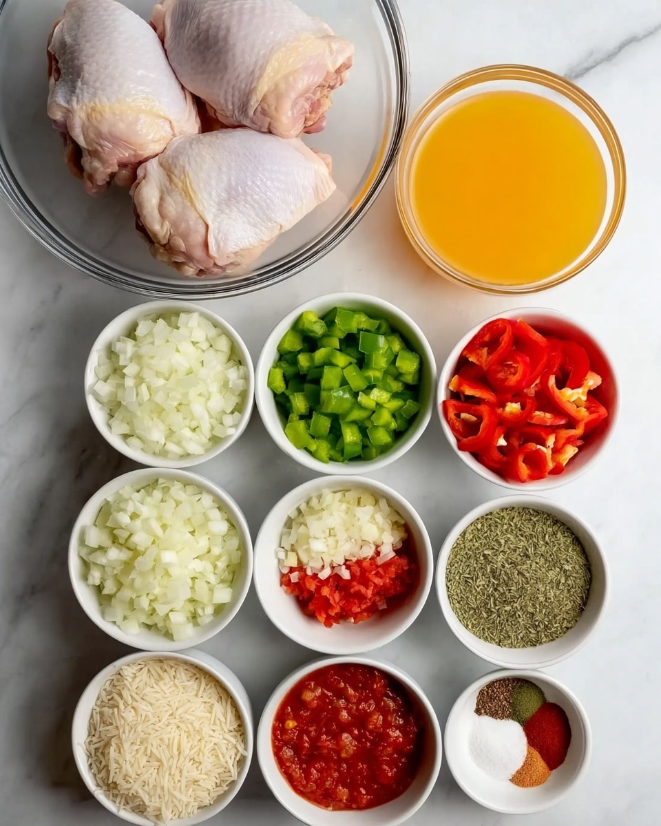 The image shows several round white bowls arranged on a white marbled surface. There are two raw chicken thighs in a glass bowl at the top left, next to a clear measuring cup filled with orange-yellow liquid at the top right. Below them are white bowls containing finely chopped white onions, green bell peppers, red bell peppers, minced garlic, tomato paste, chopped tomatoes, spices with red, brown, green, and white powders, and uncooked rice. The ingredients are neatly organized in rows, showing a variety of fresh and colorful components for cooking. Photo taken with an iphone --ar 4:5 --v 7