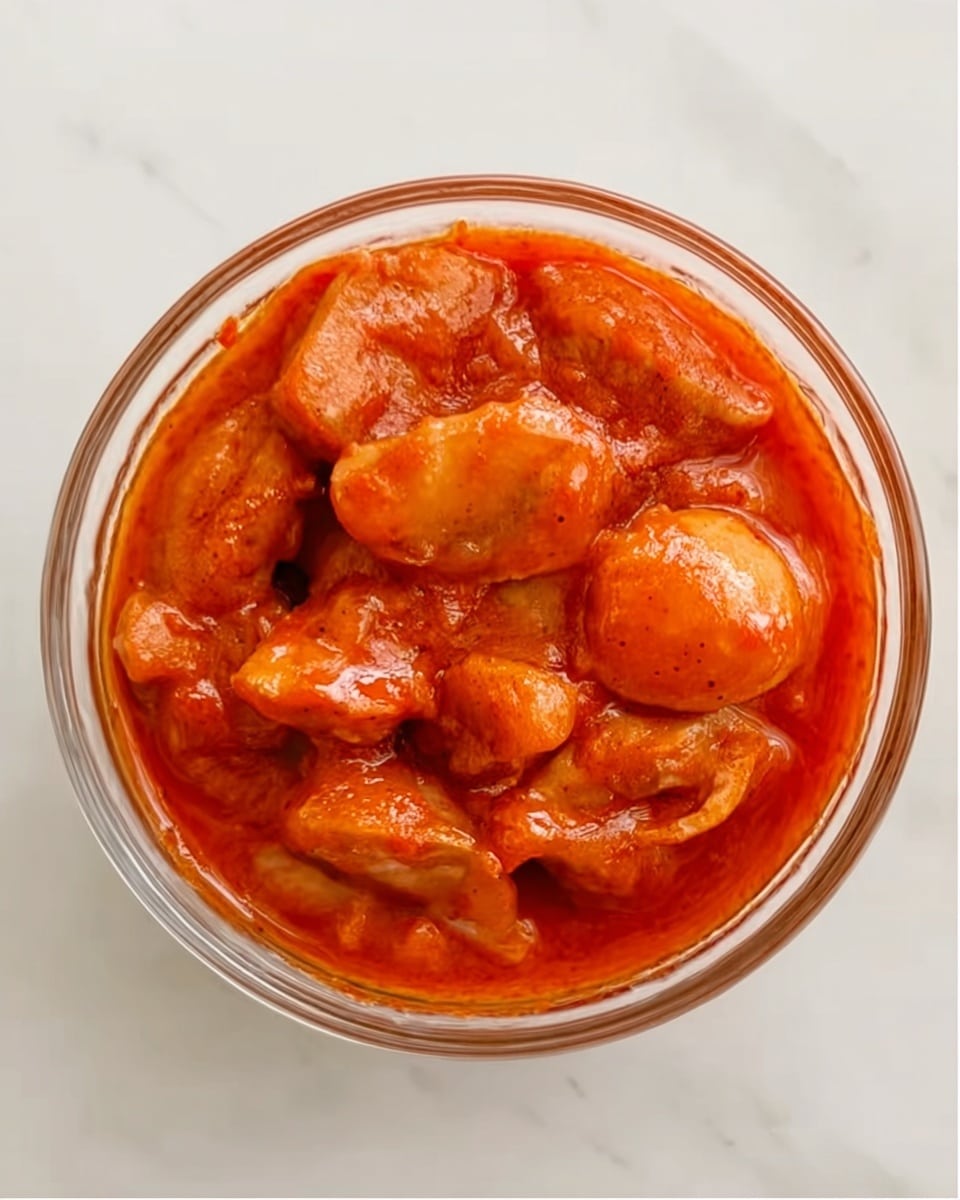 A clear glass bowl filled with thick orange-red sauce covering several pieces of cooked, pale meat with a slightly browned surface, all sitting on a white marbled background. The meat pieces are varied in shape, some round, some elongated, and are coated evenly with the sauce, creating a shiny, smooth texture. photo taken with an iphone --ar 4:5 --v 7