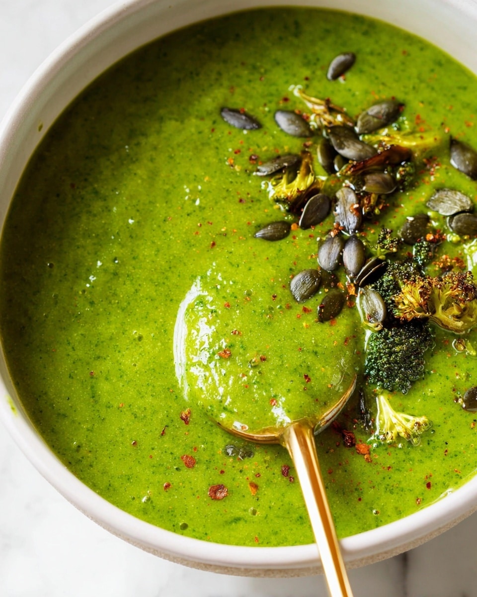 A thick green soup fills a white bowl, with a smooth, creamy texture and small visible bits of herbs. On top, there are dark green pumpkin seeds scattered around, along with small pieces of roasted broccoli that are slightly browned. A golden spoon is scooping up some of the soup, showing the thick and shiny consistency. The bowl is placed on a white marbled surface. photo taken with an iphone --ar 4:5 --v 7