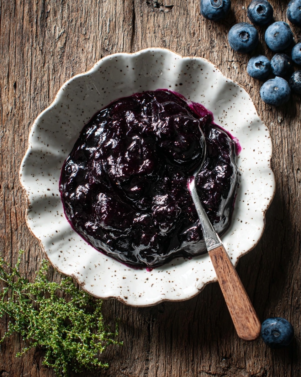 In the image, there is one layer of thick, dark purple blueberry jam with a shiny and chunky texture, placed inside a white, scalloped plate with small brown speckles. A metal spoon with a wooden handle rests on the right side inside the jam, partially covered by it. The plate sits on a rough wooden surface with a few fresh blueberries scattered to the top right and bottom left of the plate, along with a small bunch of green herbs near the bottom left. The overall setting shows a rustic and natural feel. photo taken with an iphone --ar 4:5 --v 7