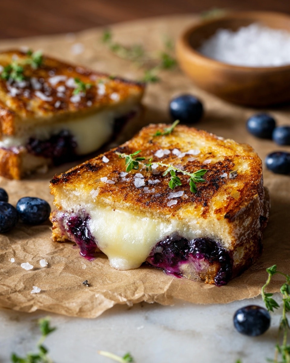 The image shows a close-up of a grilled sandwich on brown parchment paper placed on a white marbled surface. The sandwich is cut in half, revealing two layers inside: a melted pale yellow cheese layer and a dark purple blueberry layer beneath it. The bread is toasted to a golden brown with a crispy texture, sprinkled with coarse sea salt and small green herb leaves on top. Around the sandwich, there are fresh blueberries and small green herb sprigs scattered. In the background, there is a blurred wooden bowl with white coarse salt. Photo taken with an iphone --ar 4:5 --v 7