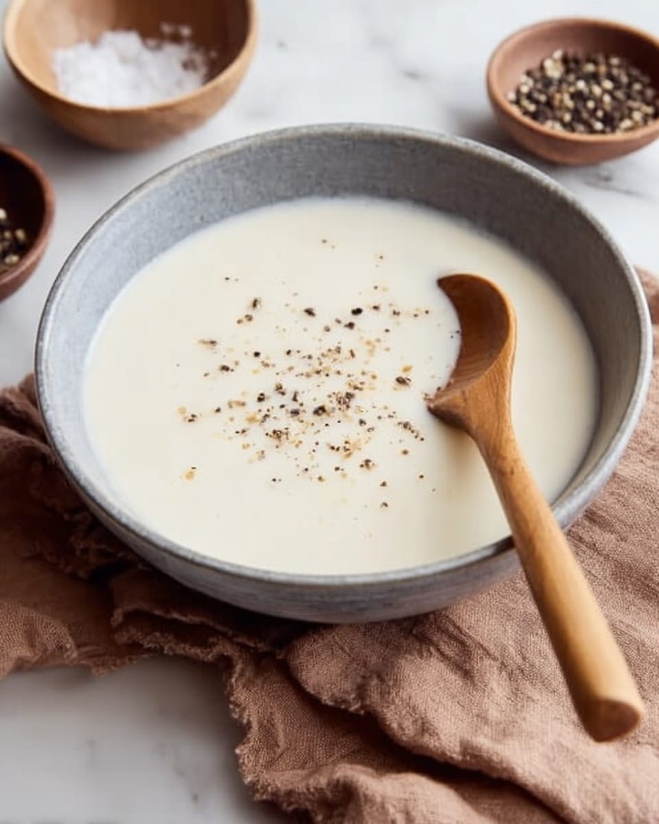 The image shows a bowl filled with smooth, creamy white soup that has a few black pepper specks scattered on top. The bowl is gray, and a wooden spoon is resting inside it on the right side, partially in the soup. The bowl is placed on a soft brown cloth with folds and creases. In the background, there are two small bowls, one with whole black peppercorns and the other with salt, all set on a white marbled surface. photo taken with an iphone --ar 4:5 --v 7
