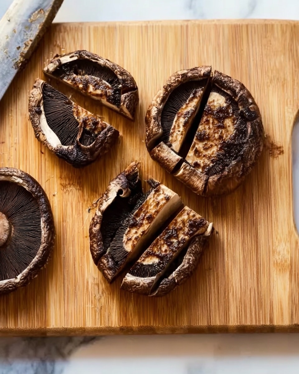 The image shows a wooden cutting board with three large mushrooms that are sliced into layers. Each mushroom is divided into several thick, dark brown pieces with visible lines where they are sliced. The mushrooms have a slightly shiny, cooked texture and are arranged separately on the board. To the left side, a woman's hand holds a knife, slicing another piece of mushroom. The background surface is a white marbled texture. photo taken with an iphone --ar 4:5 --v 7