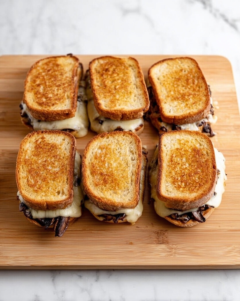 There are four sandwiches placed side by side on a light wood cutting board. Each sandwich has two slices of golden brown toasted bread with a slightly crisp texture. Between the slices, there are visible layers of melted white cheese and dark brown cooked mushrooms peeking out from the edges. The cutting board rests on a white marbled surface, adding a clean and simple background. photo taken with an iphone --ar 4:5 --v 7