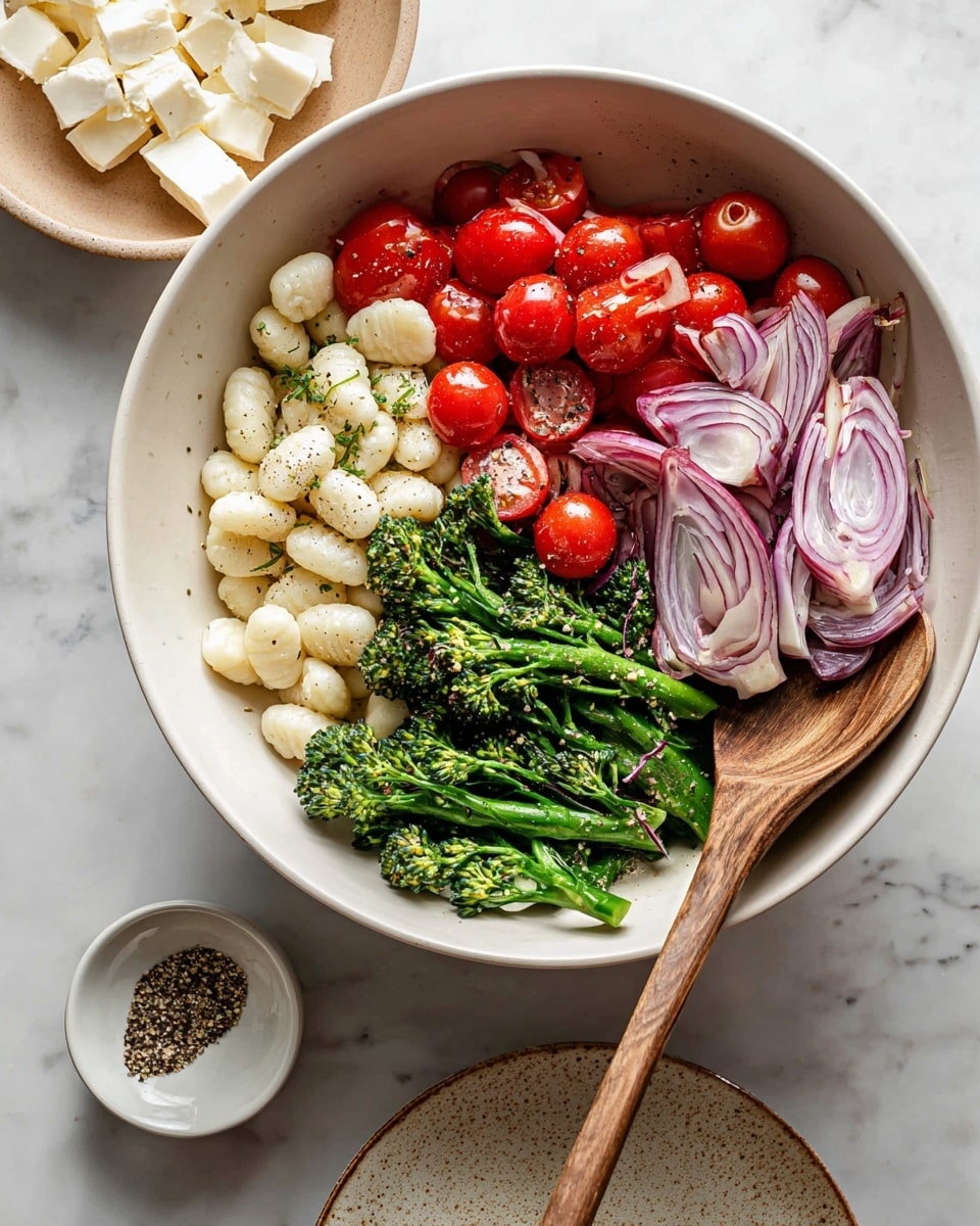 The image shows a large white bowl on a white marbled surface, filled with four clear layers of ingredients. Starting at the top right, there is a layer of thinly sliced red onions with light purple and white tones. Below it and to the left, there is a bright green layer of chopped broccolini with some garlic slices mixed in. Next to it towards the center-left are shiny cherry tomatoes in vibrant red, and at the top left, a layer of white gnocchi with a light dusting of black pepper. Inside the bowl, there is a wooden spoon resting among the ingredients. Around the bowl, there is a small white bowl with chunks of soft white cheese on a light terracotta plate, and a small white dish with ground black pepper. The scene is set on a white marbled texture surface. Photo taken with an iphone --ar 4:5 --v 7
