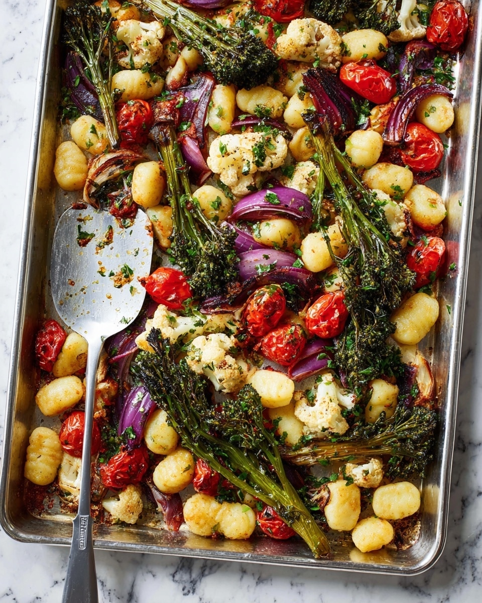 This image shows a silver baking tray filled with roasted gnocchi, broccolini, cherry tomatoes, cauliflower, and slices of red onion. The gnocchi are light golden with a slightly crispy texture and placed all over the tray. The broccolini is green with some charred edges, scattered unevenly on top. Bright red cherry tomatoes are roasted and softened, nestled between the gnocchi and vegetables. White cauliflower pieces with a light brown roasted surface are spread through the dish. Slices of purple-red onion with a soft roasted texture are mixed in. All the ingredients are sprinkled with small green parsley bits. A silver spatula holds some of the mixture near the left side of the tray. The tray is on a white marbled surface. photo taken with an iphone --ar 4:5 --v 7