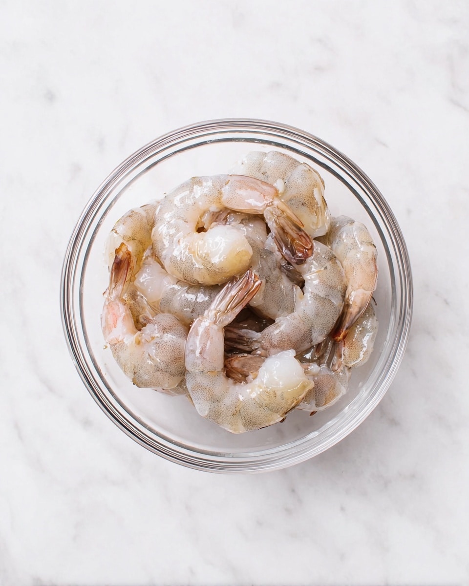 A clear glass bowl filled with about a dozen raw shrimp that have a glossy, wet texture. The shrimp are pale gray with hints of pink and are arranged loosely inside the bowl. The bowl sits on a white marbled surface, creating a clean and bright background. The shrimp tails show some pink color while the bodies appear translucent and slightly shiny from moisture. Photo taken with an iphone --ar 4:5 --v 7
