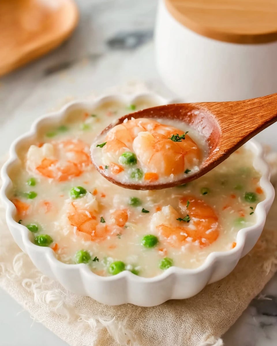 A white scalloped bowl filled with a thick, creamy soup that has several orange shrimp visible, along with small bright green peas and small bits of orange carrot scattered throughout. A wooden spoon is lifting a shrimp with some soup, showing the shrimp’s smooth, shiny texture and the soup’s thick, slightly translucent quality. The bowl is on a white marbled surface with a beige cloth underneath, and there is a white container with a wooden lid in the background. Photo taken with an iphone --ar 4:5 --v 7