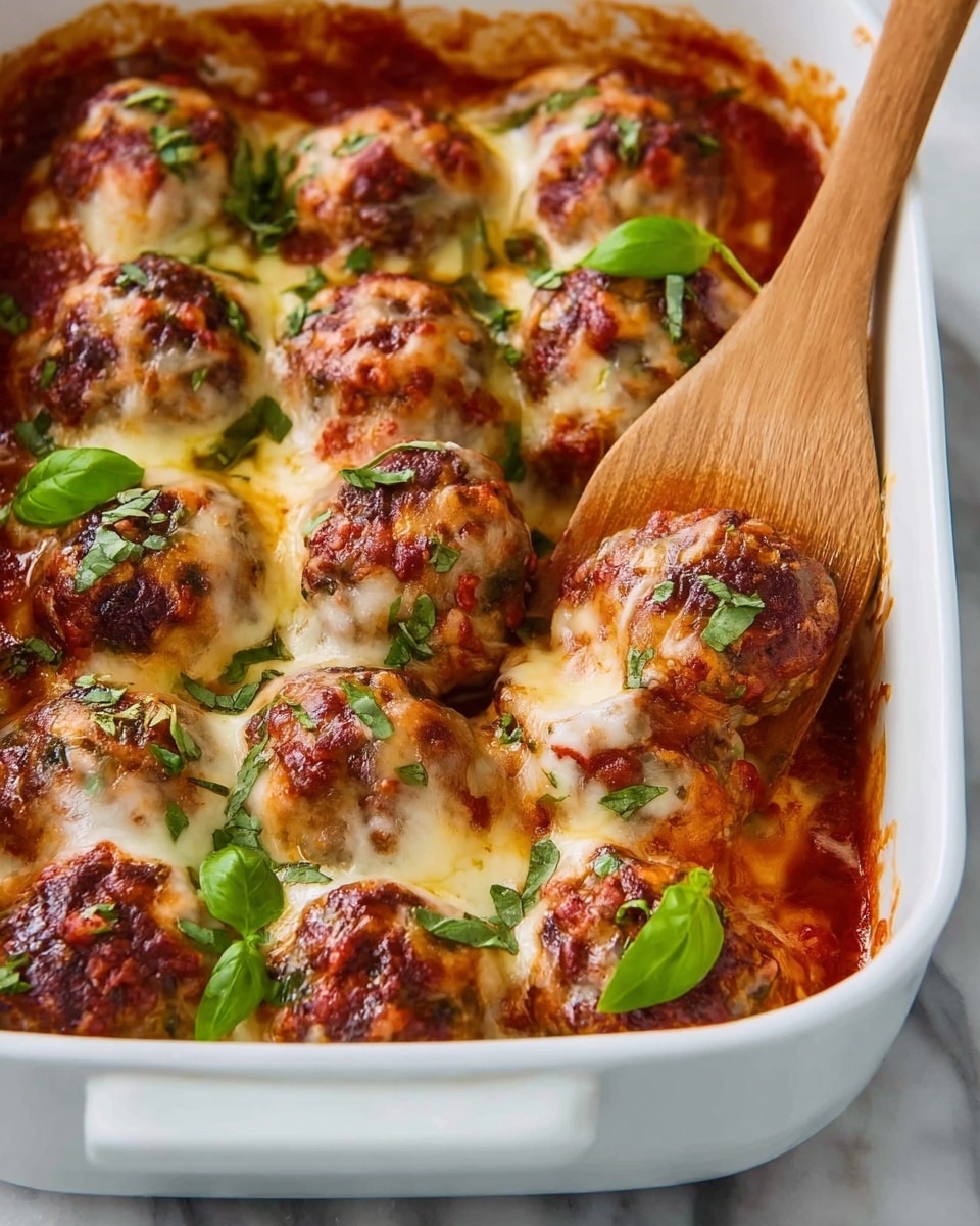 A white rectangular baking dish filled with about twelve round meatballs covered with melted, browned cheese with a slightly bubbly texture, resting in a rich red tomato sauce. Fresh green basil leaves and small chopped parsley are scattered on top, adding bright green color contrast. A woman's hand is holding a wooden spatula, lifting one meatball from the dish. The background surface is white marbled. photo taken with an iphone --ar 4:5 --v 7