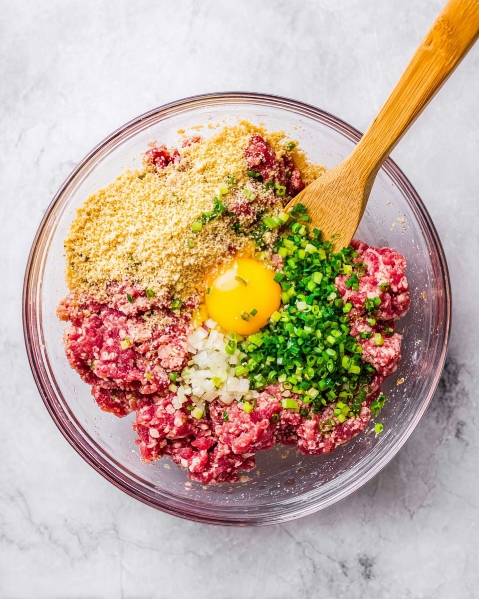 A clear glass bowl sits on a white marbled surface with several raw ingredients inside. The base layer is raw pink ground meat filling most of the bowl. On top, there is a bright yellow broken raw egg yolk, surrounded by small chopped white onion pieces and green chopped scallions. Light brown breadcrumbs cover part of the meat in patches. A light brown wooden spatula rests inside the bowl, partly buried in the ingredients. The colors mix from red-pink meat, yellow egg, white onion, green scallions, and light brown breadcrumbs. Photo taken with an iphone --ar 4:5 --v 7