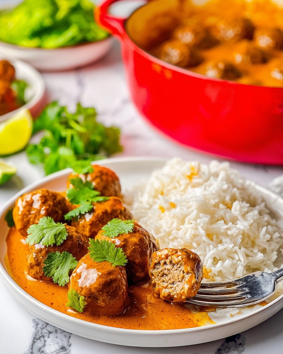 A white plate holds six meatballs covered in rich orange-brown sauce, with one meatball on a fork showing its inside. Bright green cilantro leaves rest on the meatballs as decoration. To the right of the meatballs is a mound of fluffy white rice with some sauce spilling over slightly. In the background, there is a red pot filled with more orange-brown sauce, some green lettuce, and a lime wedge on a white marbled surface. Photo taken with an iphone --ar 4:5 --v 7