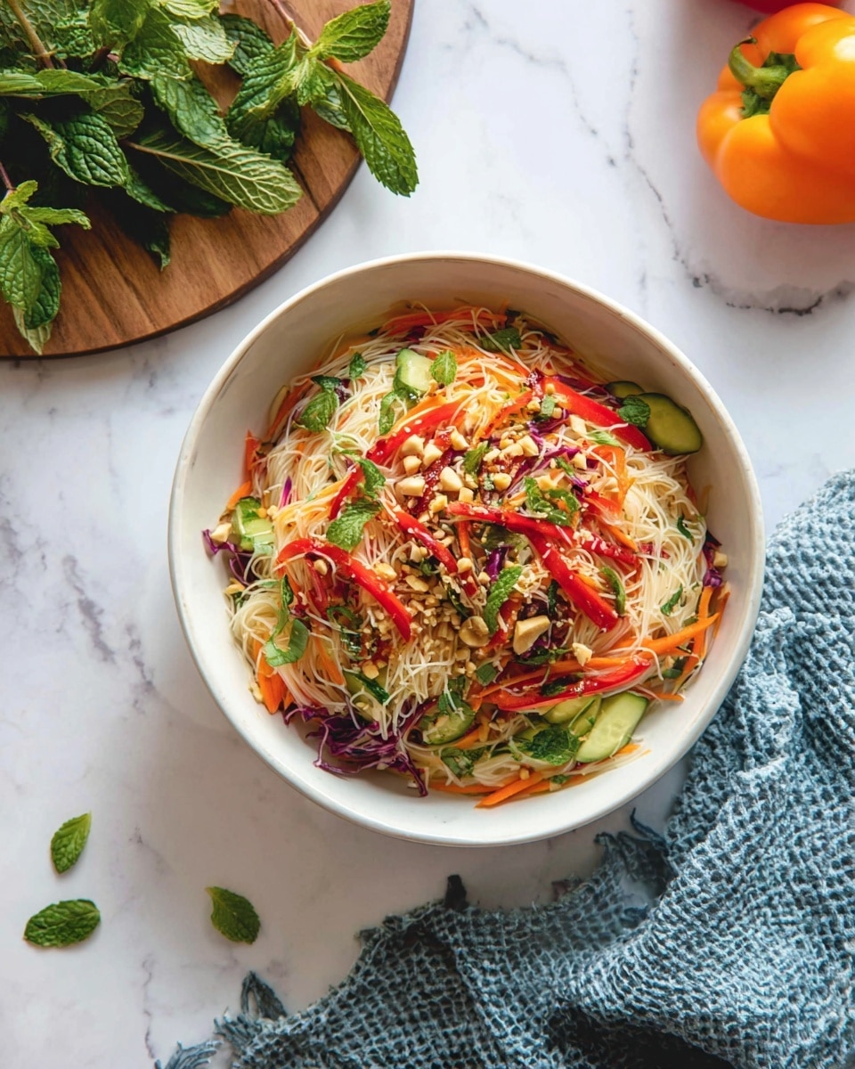 A white bowl filled with a colorful noodle salad sits on a white marbled surface. The dish has a base layer of thin, pale rice noodles topped with mix strips of vibrant orange carrot, bright red bell pepper, light green cucumber, and small bits of purple cabbage. Chopped fresh green herbs and crushed nuts are sprinkled evenly across the top, adding texture and contrast. Nearby on the surface are fresh green mint leaves on a wooden board and a whole orange bell pepper. A soft blue textured cloth is casually placed beside the bowl. photo taken with an iphone --ar 4:5 --v 7