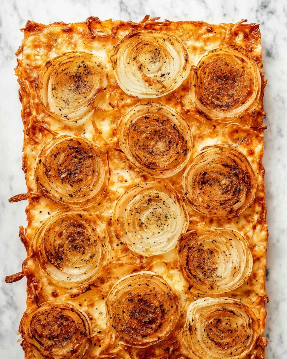 A baked square layer of thin, golden brown melted cheese forms the base, with slightly crispy edges. On top, there are 11 round onion slices evenly spaced, each showing visible onion rings and a light brown roast color with specks of black pepper and seasoning. The cheese curls and bubbles around the onions, creating a textured surface with uneven edges. The whole dish rests on a white marbled surface. photo taken with an iphone --ar 4:5 --v 7