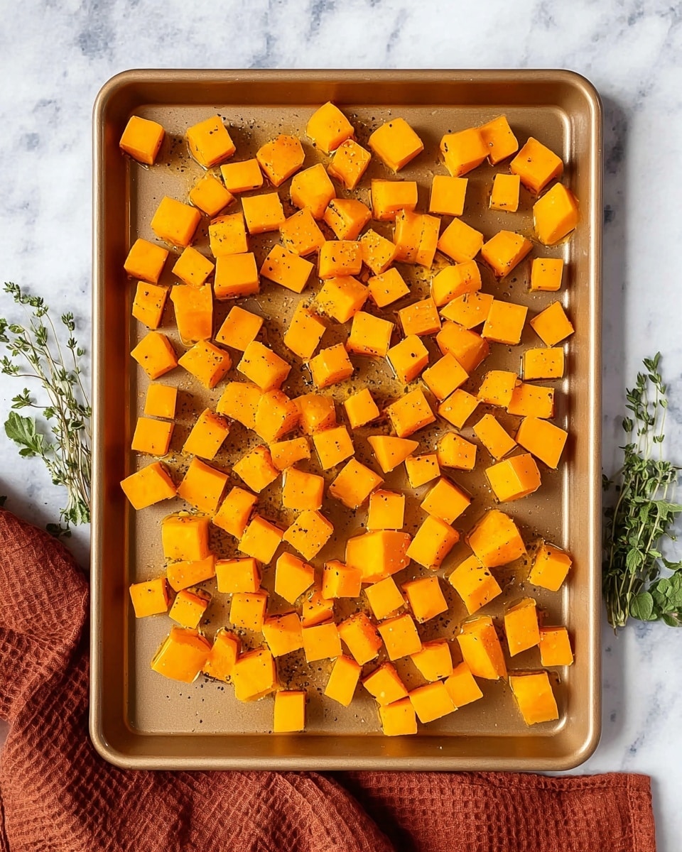 The image shows a gold-colored baking pan filled with evenly spread small orange cubes of butternut squash, each piece lightly seasoned and glistening with oil, resting on a white marbled surface. Around the pan are various sprigs of fresh herbs and a folded rust-colored cloth is visible at the bottom edge. The scene has a clean, simple look with the vibrant orange cubes standing out against the pan and white background photo taken with an iphone --ar 4:5 --v 7
