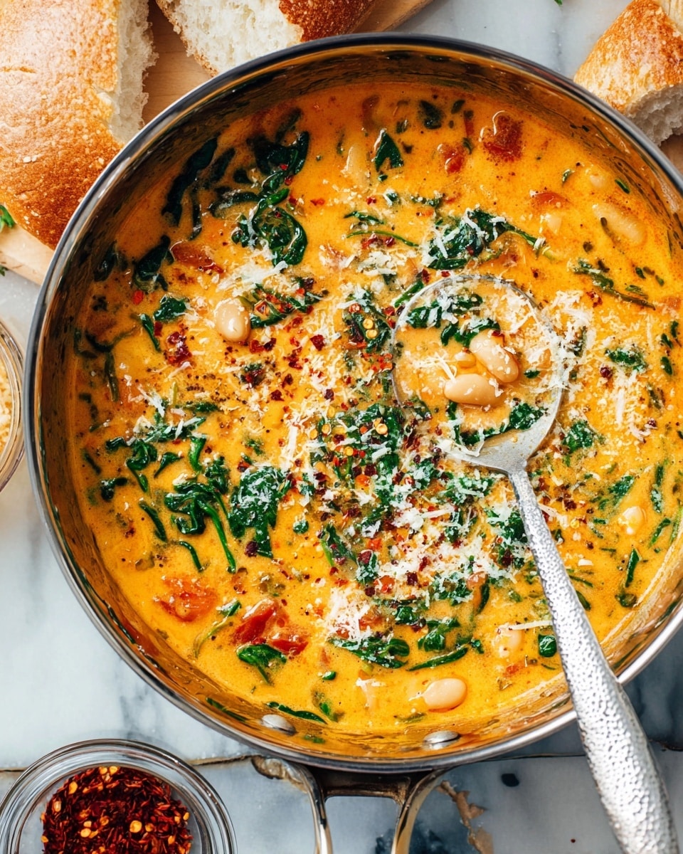 A shiny metal pan filled with a creamy orange soup that has three main visible layers: the base is thick and smooth with small pieces of bright red tomatoes and white beans scattered throughout, the middle layer shows dark green spinach leaves mixed evenly in, and the top layer is sprinkled with finely grated white cheese and a light dusting of black pepper and red chili flakes. A silver spoon rests inside the pan, scooping up a mix of the ingredients, with a slightly textured handle extending out. The scene is set on a white marbled surface with a jar of red chili flakes and torn pieces of white bread nearby. Photo taken with an iphone --ar 4:5 --v 7