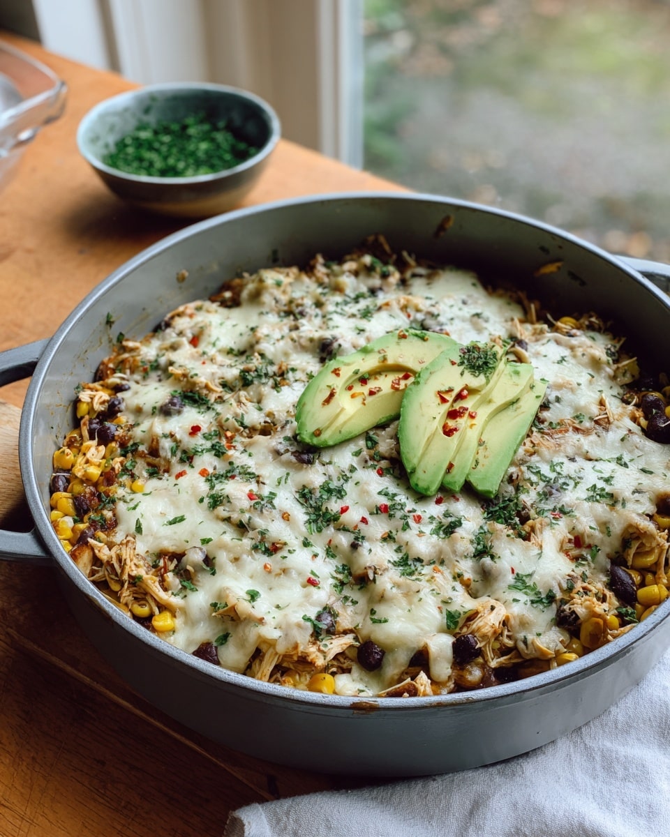 This dish shows a large white pan filled with a mixed layer of shredded light-colored chicken, black beans, and yellow corn scattered throughout. On top, there is a layer of melted white cheese that covers most of the ingredients, sprinkled with green chopped herbs and red chili flakes. Two slices of pale green avocado sit on one side of the pan as a garnish. In the background on a wooden table, there is a small white bowl with fresh green herbs and a cream-colored cloth napkin nearby. The setting has a clean, bright look with natural light coming from the side. Photo taken with an iphone --ar 4:5 --v 7