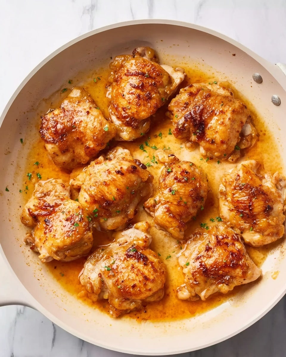 A white frying pan holds nine pieces of cooked chicken thighs evenly spaced around the pan. The chicken has a slightly browned surface with a shiny orange sauce covering parts of each piece, creating a glistening texture. The pan is set on a white marbled surface, and the lighting highlights the juicy, tender look of the chicken and the sauce's smooth texture. Photo taken with an iphone --ar 4:5 --v 7
