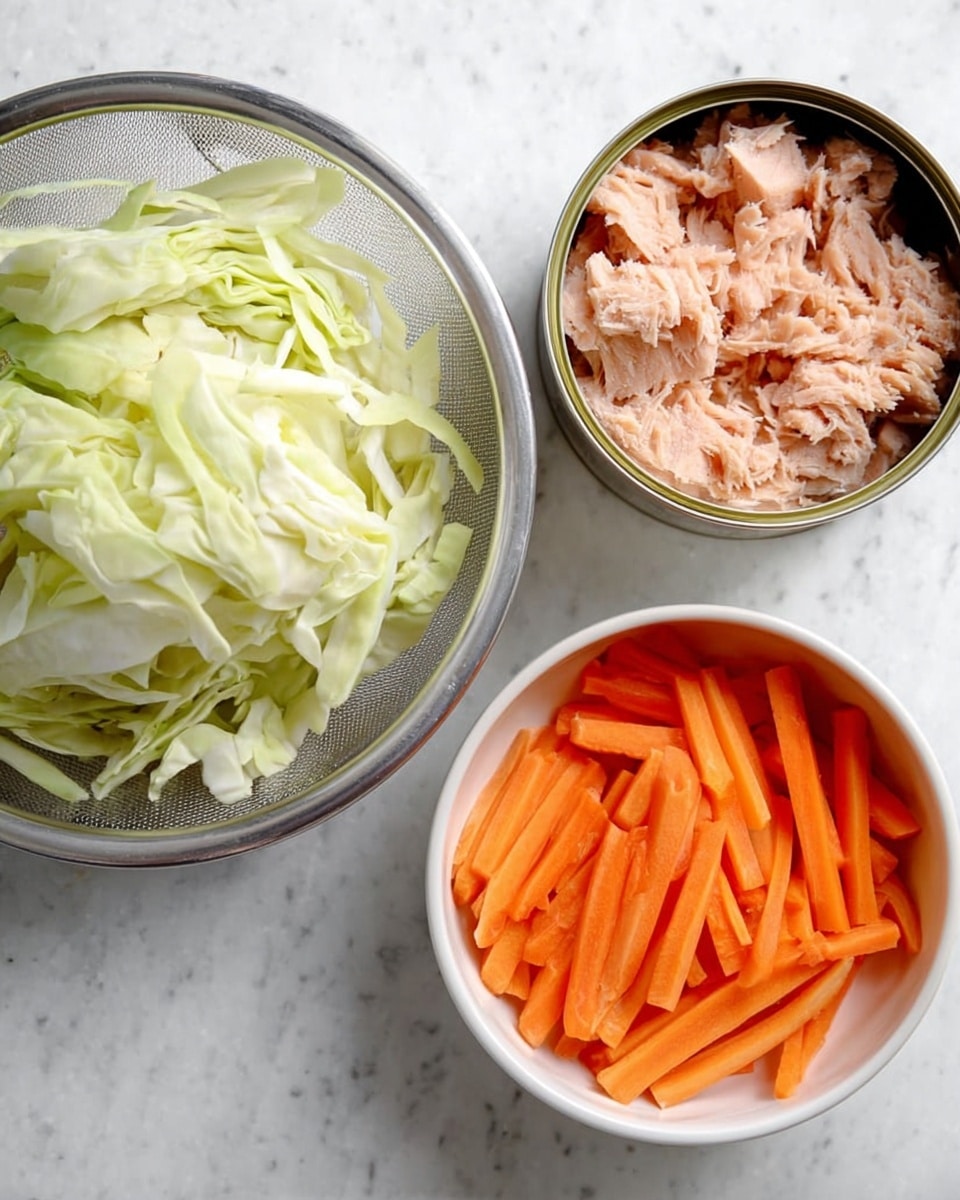 The image shows three containers on a white marbled surface. On the left, a metal strainer holds a large pile of thinly sliced light green cabbage with a slightly rough texture. On the right, a white bowl contains bright orange carrot sticks cut into thin, even strips. Above the bowl, an open tin can is filled with light pink tuna, which has a soft, flaky texture and is packed into the can in small clumps. Photo taken with an iphone --ar 4:5 --v 7