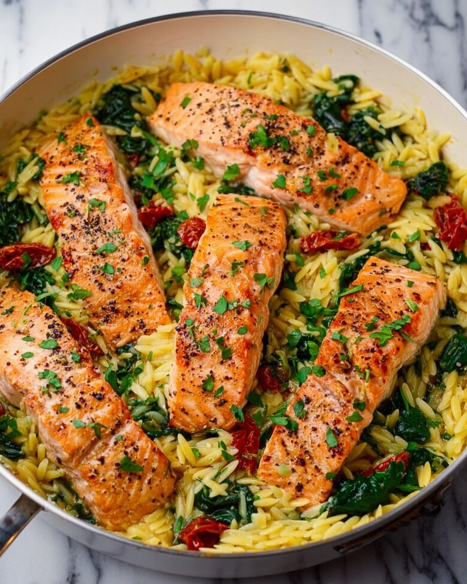 The image shows a white pan filled with four pieces of cooked salmon fillets, each topped with black pepper and chopped green herbs. The salmon is placed on a bed of yellow orzo pasta mixed with green leafy spinach and small pieces of red sun-dried tomatoes. The dish looks warm and fresh, with the salmon pieces arranged evenly in the pan surrounded by the colorful pasta and vegetables. The pan is set on a white marbled surface. photo taken with an iphone --ar 4:5 --v 7