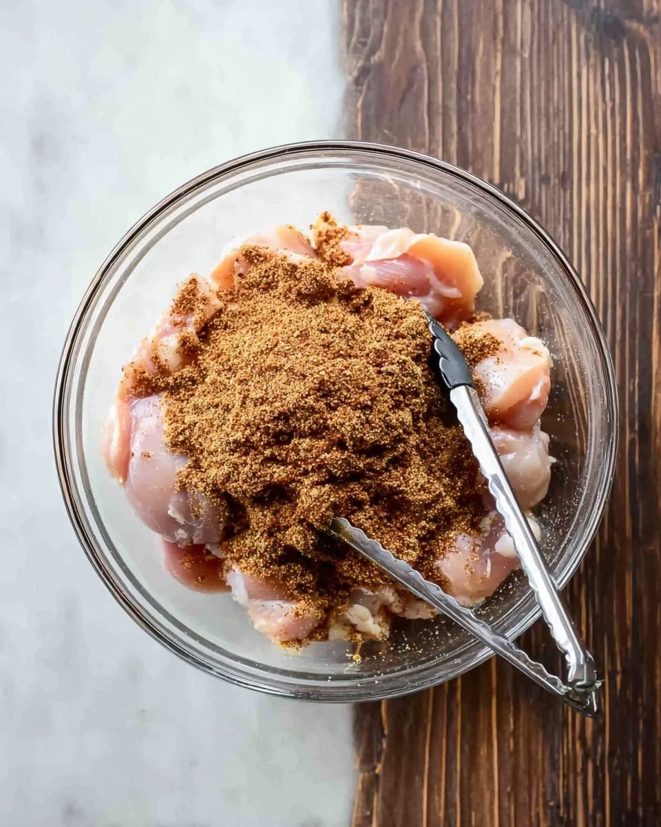 A clear glass bowl sits on a white marbled surface filled with raw, pale pink chicken pieces arranged in a loose layer. On top of the chicken is a thick layer of brown, finely ground spice mix, covering much of the meat. A silver pair of tongs rests inside the bowl on the right side, touching the chicken and spice mix. The bowl is viewed from above, showing the contrasting textures of smooth raw chicken and crumbly spices photo taken with an iphone --ar 4:5 --v 7
