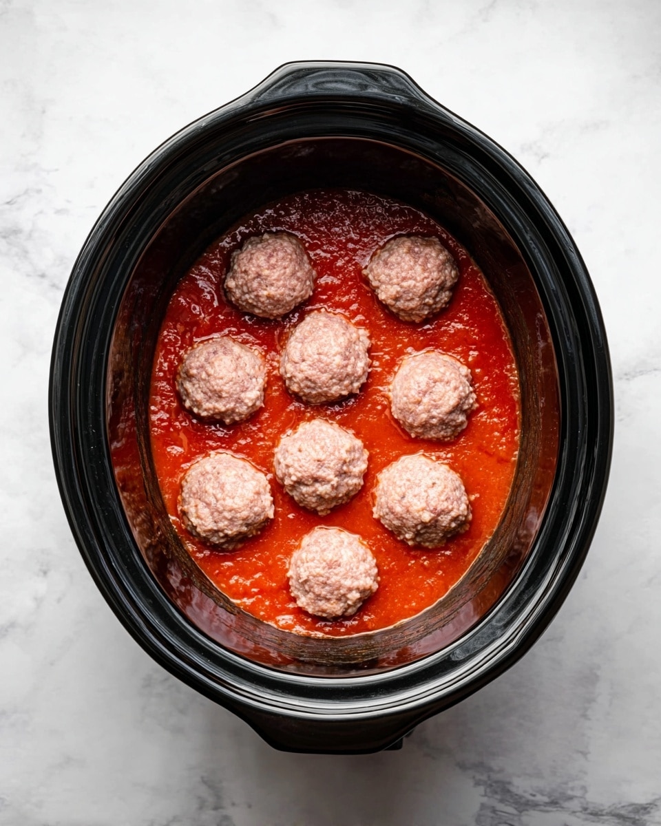 There is a black, round slow cooker filled with bright red tomato sauce at the bottom. On top of the sauce, eight round, raw meatballs with a light pink and slightly coarse texture are evenly spaced in a circular pattern inside the cooker. The slow cooker is placed on a white marbled surface. photo taken with an iphone --ar 4:5 --v 7