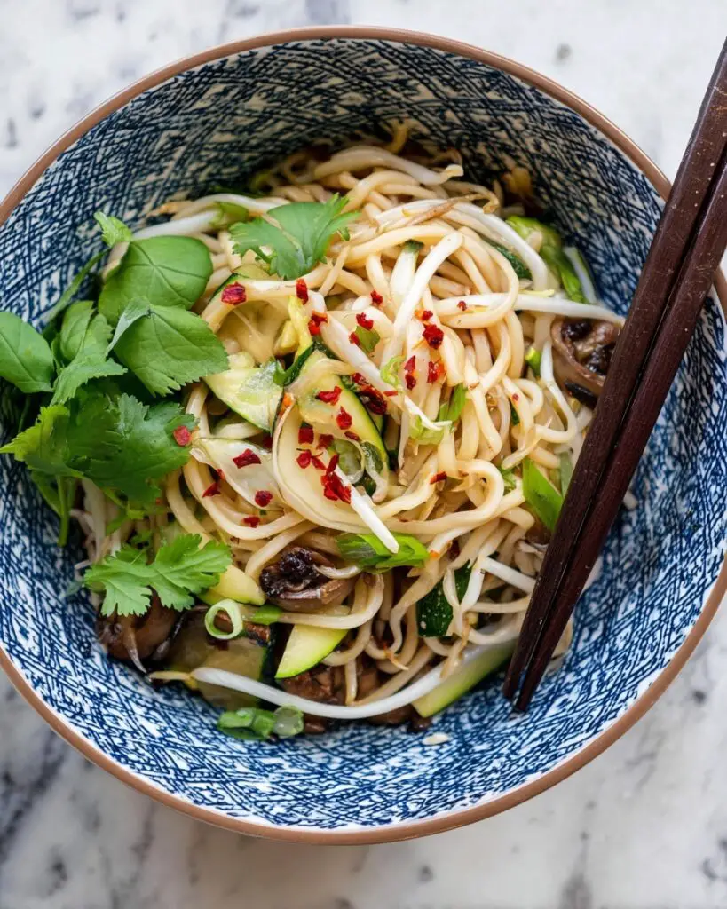 Simple Udon Noodle Bowl with Zucchini, Mushrooms, and Basil Recipe