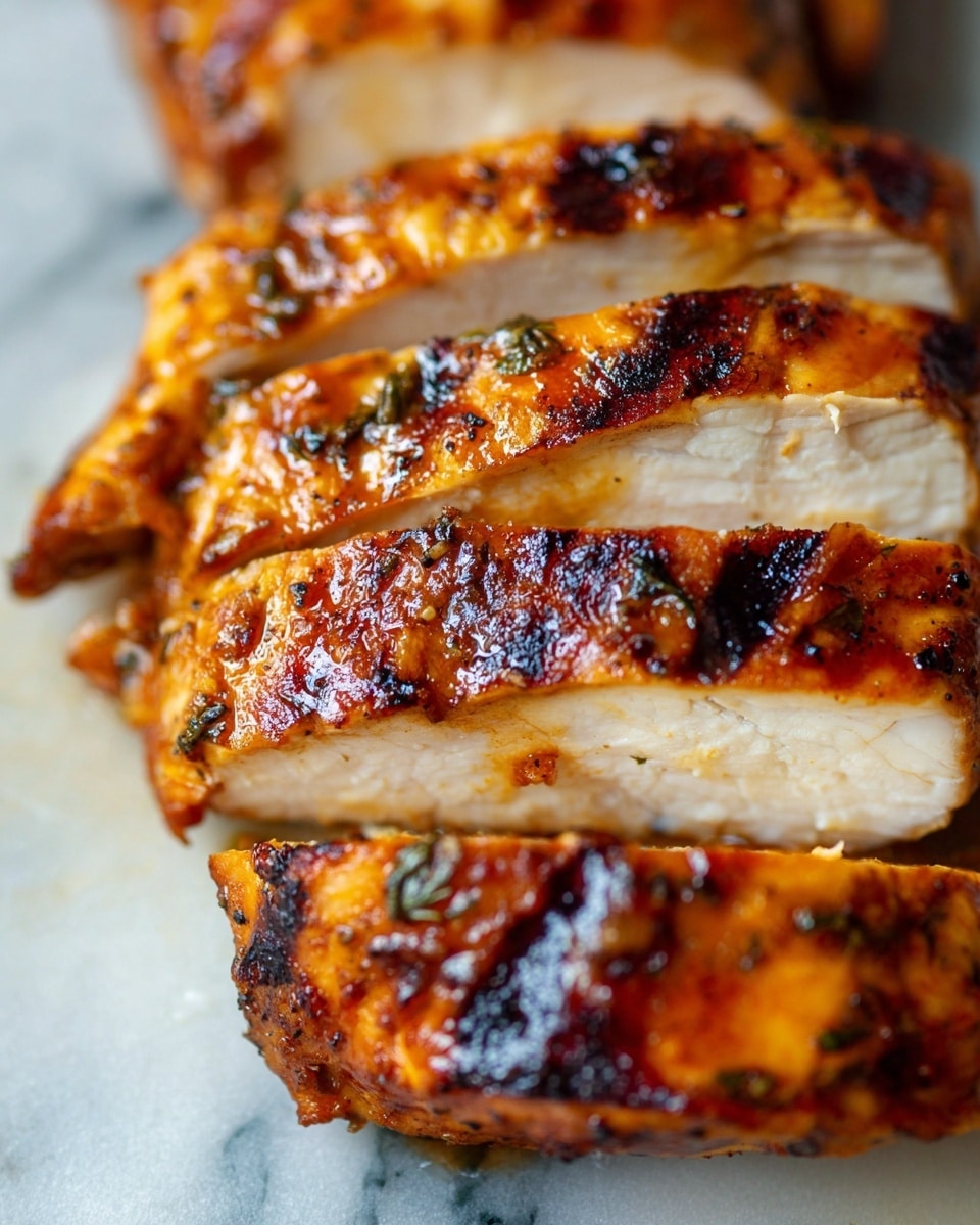 The image shows six thick slices of grilled chicken stacked closely together, each slice with a golden-brown outer surface marked by charred black spots and a glossy shine from sauce or glaze. The chicken inside is white and looks tender, contrasting with the crispy, richly colored outside. The slices are arranged vertically on a light surface with a soft, white marbled texture barely visible in the background. Photo taken with an iphone --ar 4:5 --v 7