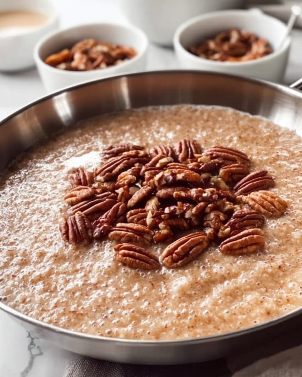 A close-up view of a large shiny silver pan filled with a thick, light brown porridge that has a slightly bubbly texture on the surface. On top of the porridge is a generous pile of chopped pecans, dark brown with a rough texture, arranged in the center. In the background, there are small white bowls holding more chopped pecans and a light liquid, all placed on a white marbled surface. The light shines softly on the shiny edges of the pan, highlighting the texture of the porridge and nuts. photo taken with an iphone --ar 4:5 --v 7