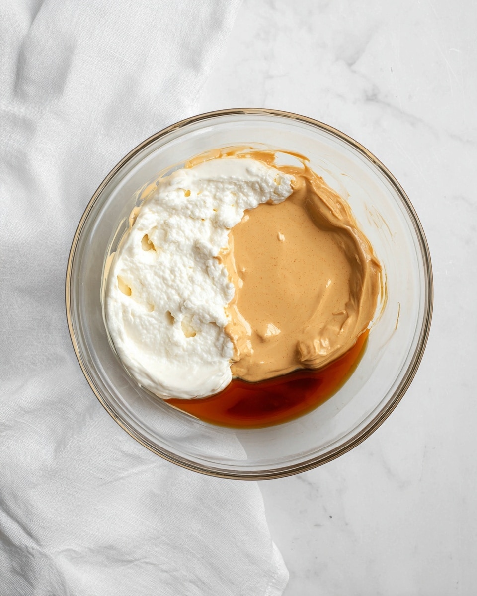 A clear glass bowl sits on a white marbled surface with a white cloth nearby, holding three distinct layers of ingredients inside. The largest layer is creamy white with a slightly lumpy texture on one side. Next to it is a smooth, light brown layer with a shiny, thick texture. At the bottom edge between the white and brown layers is a smaller pool of dark amber liquid that appears glossy. photo taken with an iphone --ar 4:5 --v 7