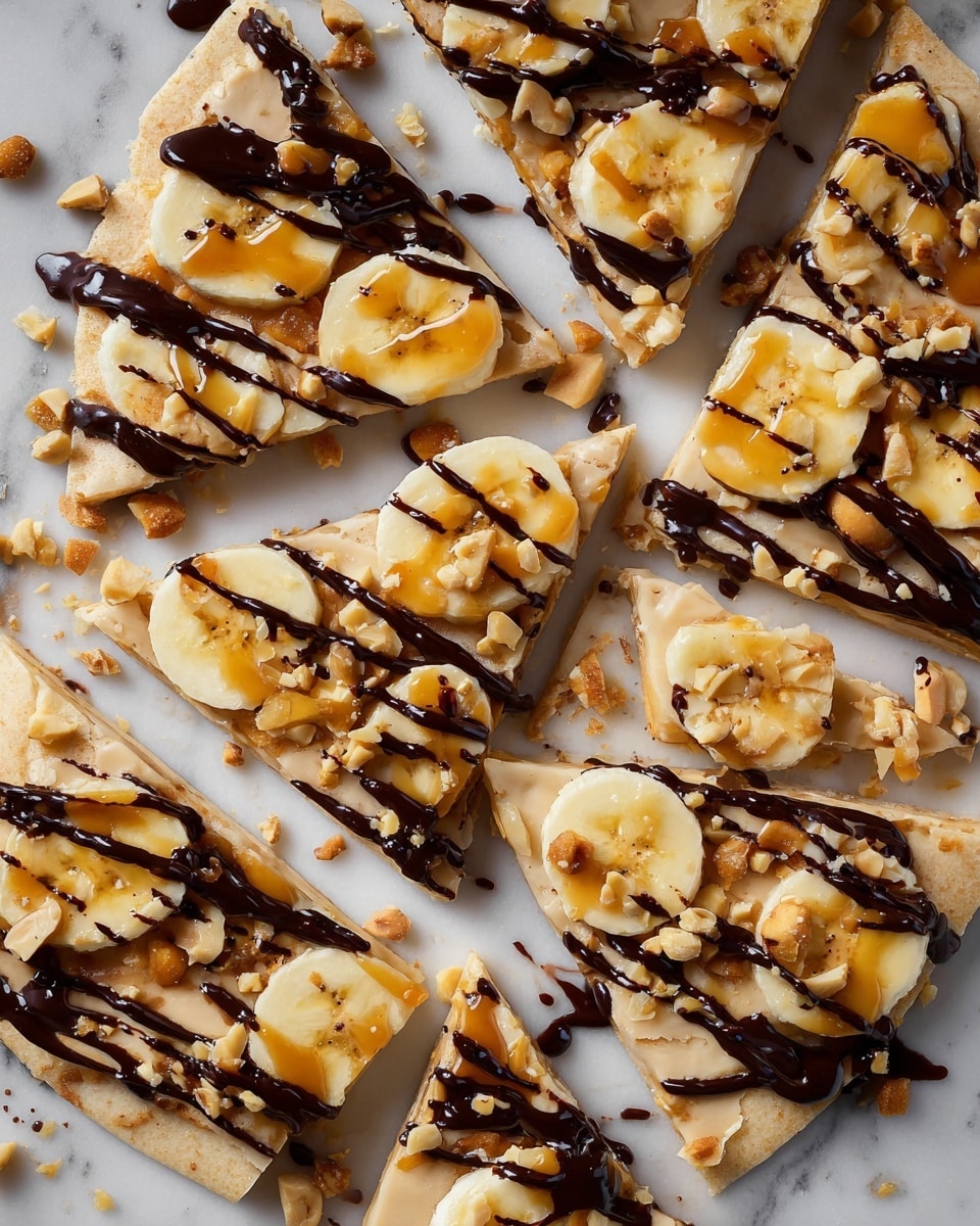 The image shows a flat dessert cut into triangle slices, laid out on a white marbled surface. The base is a thin, pale beige cookie or cracker layer. On top, there are thin rounds of yellow banana slices spread evenly across the surface. Scattered around the slices are small crunchy light brown nuts, and the entire dessert is drizzled with dark chocolate sauce in thin and thick lines crossing over each slice. The texture looks smooth with the chocolate adding a glossy finish and the nuts giving a crunchy contrast. Photo taken with an iphone --ar 4:5 --v 7