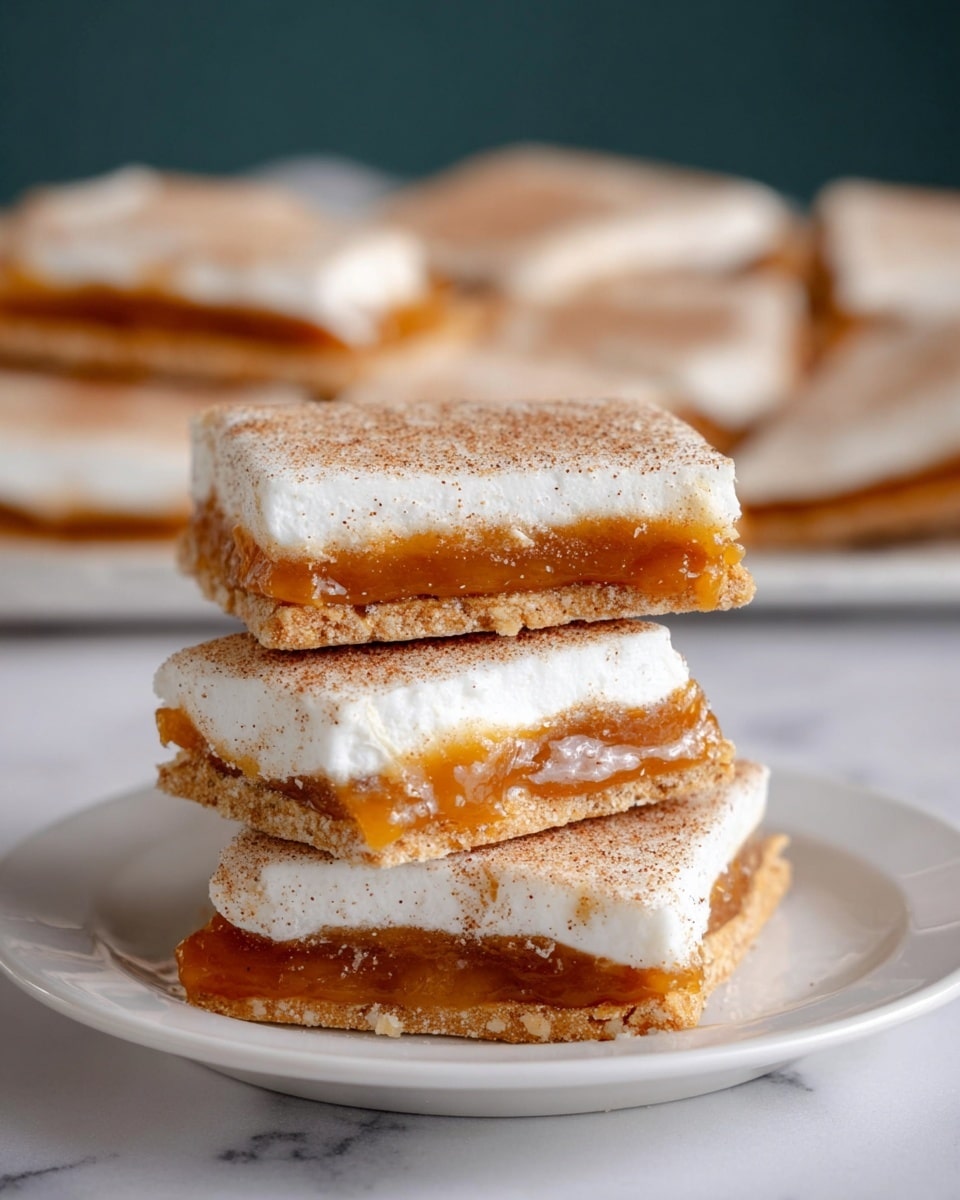 The image shows a stack of four square layered treats on a white plate, each treat having three layers. The bottom layer is a light brown cracker with a slightly rough texture. The middle layer is a thick, gooey amber-colored caramel, shiny and sticky. The top layer is a smooth, thick white marshmallow. The top of each treat is sprinkled with a fine dusting of cinnamon sugar, giving a speckled light brown look. More treats are blurred in the background on a white marbled surface. The photo taken with an iphone --ar 4:5 --v 7