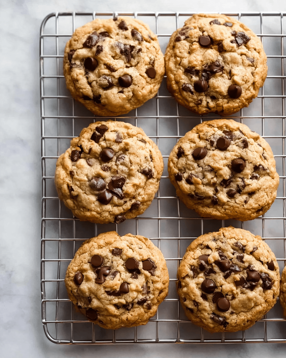 The image shows six freshly baked chocolate chip cookies placed on a silver cooling rack over a white marbled surface. Each cookie is round, thick, and golden brown with darker brown chocolate chips scattered unevenly on top and throughout, showing a soft and slightly textured dough. The cookies have a slightly cracked and rustic surface, indicating a chewy texture inside. The spacing between the cookies is uneven, allowing a clear view of the white marbled surface underneath. photo taken with an iphone --ar 4:5 --v 7