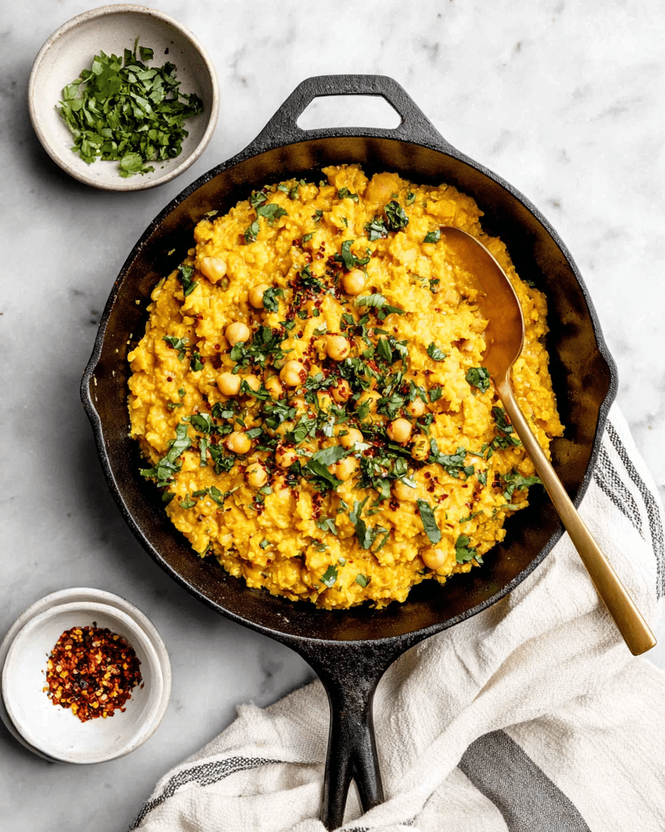 A black cast iron pan filled with a thick, yellow-orange dish made from soft, mashed lentils mixed with small whole chickpeas spread evenly inside, sprinkled with chopped green herbs and red chili flakes on top. A golden spoon rests inside the pan, partly buried in the food. The pan is placed on a white marbled surface. Around the pan, there are two small white bowls, one with fresh green herbs and the other with red chili flakes. A white cloth with thin black stripes is on the right side. Photo taken with an iphone --ar 4:5 --v 7