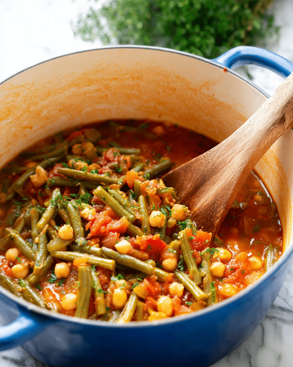 A blue pot with white inside contains a vegetable stew with three main visible layers: green beans cut into small pieces, round beige chickpeas, and diced red tomatoes, all mixed in a reddish-orange sauce. The stew is garnished with small green parsley bits on top. A wooden spoon with natural wood grain is stirring the stew inside the pot. The pot is placed on a white marbled surface with blurred green herbs in the background. photo taken with an iphone --ar 4:5 --v 7