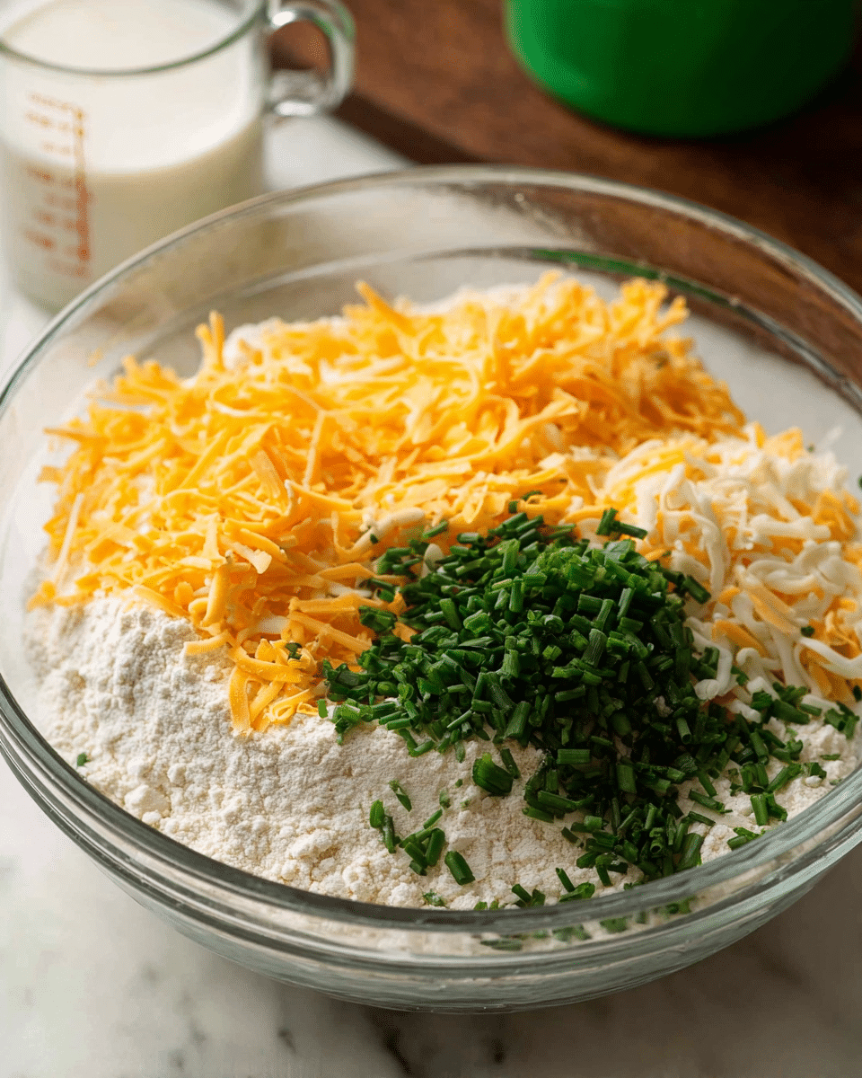 A clear glass bowl filled with a base layer of white flour covering the bottom and sides, topped with a middle pile of shredded cheese in orange and creamy white shades, and next to it, a pile of finely chopped bright green chives, all set on a white marbled surface. In the blurry background, there is an indistinct green container and a clear measuring cup with white liquid inside. Photo taken with an iphone --ar 4:5 --v 7
